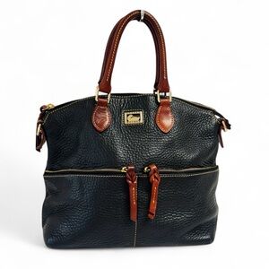 Dooney & Bourke Dillen Double Pocket Satchel black pebbled leather Brown Trim